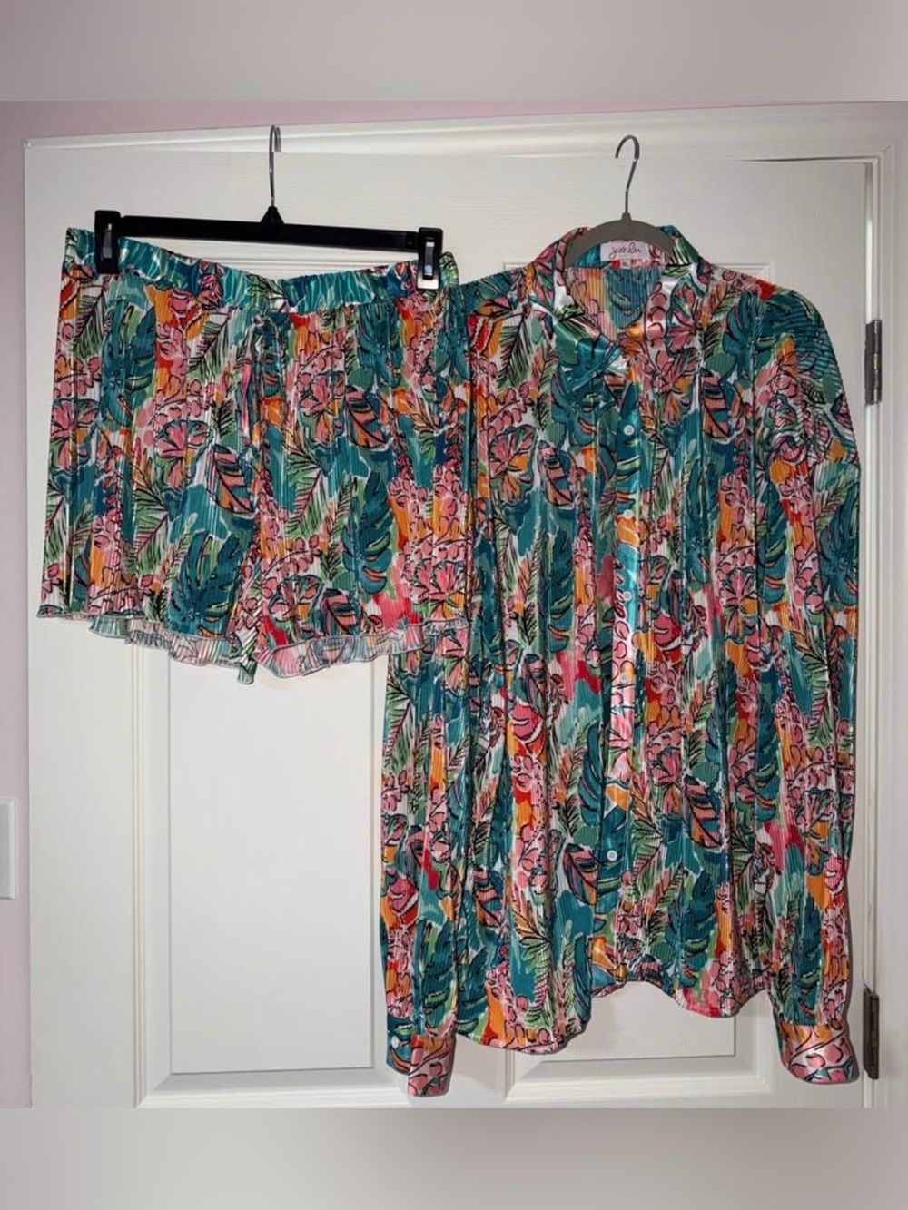 Jess Lea XL Tropical Floral Button-Up Set in Teal & Pink